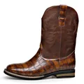 Vintage brown embroidered western cowboy boots with croc-embossed leather finish - Tan