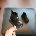 Stylish infant girl black soft-sole walking boots featuring a knit collar and decorative strap - Size 15 (Inner 12cm) / Black