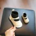 Cream and black soft sole baby girl walking shoes with ankle sock design for autumn - Size 15 (Inner approx 12cm) / Beige