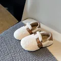 Cozy white fleece kids' shoes with brown buckle strap for autumn and winter warmth - Size 21 Inner 13.0cm / Off White
