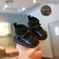 Infant girl black fleece-lined ankle boots with soft sole for warm winter walking - Size 15 (Insole 12cm) / Black Fleece Lined
