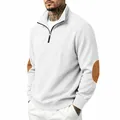 White corduroy quarter-zip men's sweatshirt with brown elbow patches - S / Tops / White