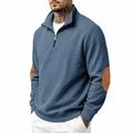 Men's blue half-zip sweatshirt with ribbed texture and brown elbow patches - S / Tops / Denim Blue