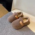 Cozy brown plush slip-on shoes for girls featuring a decorative faux leather buckle strap - Size 21 Inner 13.0cm / Brown