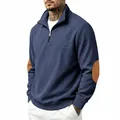 Men's navy blue ribbed quarter-zip sweatshirt with brown elbow patches - S / Tops / Navy Blue
