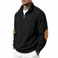 Men's minimalist black quarter-zip sweatshirt with ribbed texture and brown elbow patches - S / Tops / Black