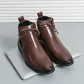 Classic brown British style men's mid-top leather boots with elegant lace-up design - Dark Brown