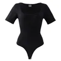 Zwarte naadloze bodysuit met vierkante hals en korte mouwen buikcontrole thong - XXS/XS / Tops / Zwart