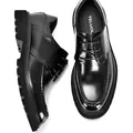 Top and side view of glossy black patent leather derby shoes with platform thick soles - 38 / Black