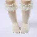 Close-up of white lace ruffle knee high socks for girls with intricate knit patterns - One Size (0-8 Years) / Wide Sheer Edge Style / Beige