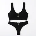 Elegant black seamless ribbed lingerie set featuring gold heart-shaped metal buckles - Letter F / Top And Bottom / Black