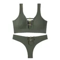 Green ribbed seamless lingerie set with heart buckles and hollow-out design - Letter F / Top And Bottom / Dark Green