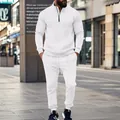 Men's white jacquard 2-piece tracksuit set featuring a quarter-zip pullover and joggers - White
