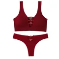 Seamless dark red lingerie set with hollow-out heart buckle design - Letter F / Top And Bottom / Burgundy