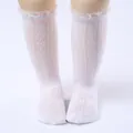Exquisite detail view of white lace ruffled mesh knee-high socks for baby girls - One Size (0-8 Years) / Sheer Edge Style / White