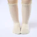 Detailed view of white hollow lace mesh socks with ruffled trim for toddlers - One Size (0-8 Years) / Sheer Edge Style / Beige
