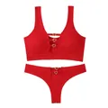 Red ribbed seamless lingerie set with heart-shaped golden rings and cutout detail - Letter F / Top And Bottom / Red
