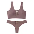 Sexy seamless ribbed lingerie set in mauve featuring decorative gold heart buckle details - Letter F / Top And Bottom / Dusty Pink