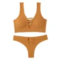 Sexy ginger orange ribbed seamless lingerie set featuring heart-shaped gold ring cut-outs - Letter F / Top And Bottom / Yellow