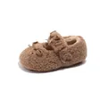 Sweet girls fuzzy furry loafers with bow detail and strap for autumn winter season - Size 21 Inner Length 13.0cm / Khaki