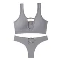 Grey ribbed seamless lingerie set with gold heart buckles shown on a plain white background - Letter F / Top And Bottom / Gray