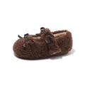 Cute brown fuzzy shearling flats for girls with sweet double bow decorative details - Size 21 Inner Length 13.0cm / Coffee