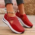 Chaussures décontractées rouges en maille respirante pour femmes avec velcro et plateau - Rouge