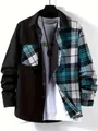 Detailed view of men's casual color-block plaid long-sleeve shirt with patchwork design - Malachite green