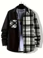 Detailed view of men's casual long-sleeve shirt with black and white plaid split design - S / Tops / White
