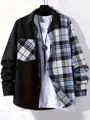 Close-up detail of a men's casual color-block plaid shirt with a stylish split design - M / Tops / Sky Blue