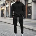 Zwart heren trainingspak met jacquardpatroon, kwart rits en kabeltextuur voor herfst - Zwart