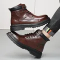 Bottines Martin pour hommes en cuir marron véritable, style robuste pour l'hiver. - 38 / Style Doublé Polaire (1088) / Marron