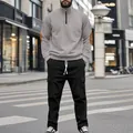 Ανδρικό κοτλέ σετ φούτερ σε γκρι και μαύρο χρώμα με μισό φερμουάρ και παντελόνι - Ανοιχτό γκρι/Μαύρο
