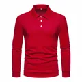 Front view of a vibrant red men's long-sleeved polo shirt with casual button collar - M / Tops / Red
