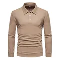 Front view detail of a khaki men's long-sleeve polo shirt with three white buttons - M / Tops / Khaki