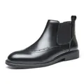 Men's classic black leather Chelsea boots featuring elegant brogue detailing and elastic side - 39 / Black (Carved)
