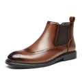 Premium brown leather Chelsea boots for men with elegant brogue wingtip details - 39 / Brown (Carved)
