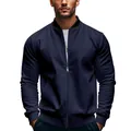 Close-up detail view of a dark navy blue men's bomber jacket featuring a stand collar. - S / Tops / Navy Blue