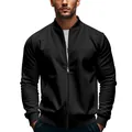Detailed front view of a solid black men's zip-up bomber jacket with a stand-up collar - S / Tops / Black