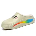 Detail view of cream waterproof clogs with rainbow accents and warm fleece lining - 38 / Warm Plush Style (JF801) / Matcha Green