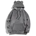 Cozy gray coral fleece hoodie for men featuring bear ears on hood and front pocket. - S / Tops / Gray