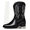 Schwarze Western-Cowboystiefel mit weißer Stickerei und Reptilienhaut-Strukturmuster. - 38 / Schwarz