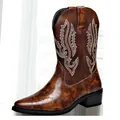 Klassische braune Western-Stiefel mit Stickerei, Schlangenhaut-Optik und Blockabsatz - 38 / Gelbbraun