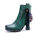 Handgemaakte groene leren enkellaarsjes met bloemenpatchwork, kwastjes en studdetails - 36 / Groen