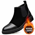 Botines Chelsea negros para hombre con patchwork de ante y forro cálido de invierno - 38 / Forrado de Fleece / Negro (Forrado de Felpa)
