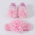 Adorable pink baby girl soft sole flower shoes and matching headband set for infants - Size 11 (Inner Length 10.5CM) / Princess Shoes (24-33) / Princess Shoes And Headband Set / Pink