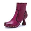 Handgemaakte leren dames enkellaarsjes met vintage klinknagels en unieke hakken. - 36 / Fuchsia