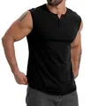 Premium men's casual black sleeveless Henley tank top made from soft cotton fabric - S / Tops / Black