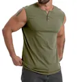 Men's premium olive green sleeveless cotton Henley tank top for fitness and casual wear - S / Tops / Army Green