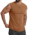 Men's casual sleeveless pure cotton Henley tank top in brown, perfect for gym and fitness - S / Tops / Khaki